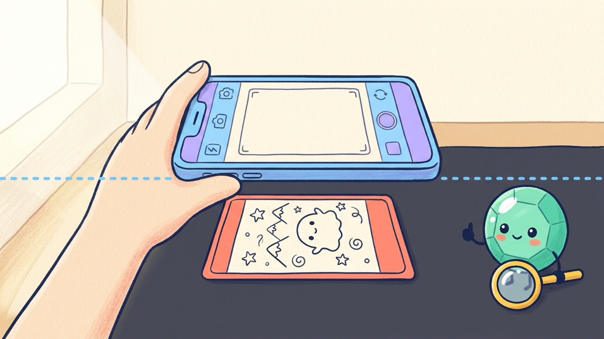 A phone held level above a trading card on a dark mat, with soft light from a window and a small mint-green gem character watching from the side