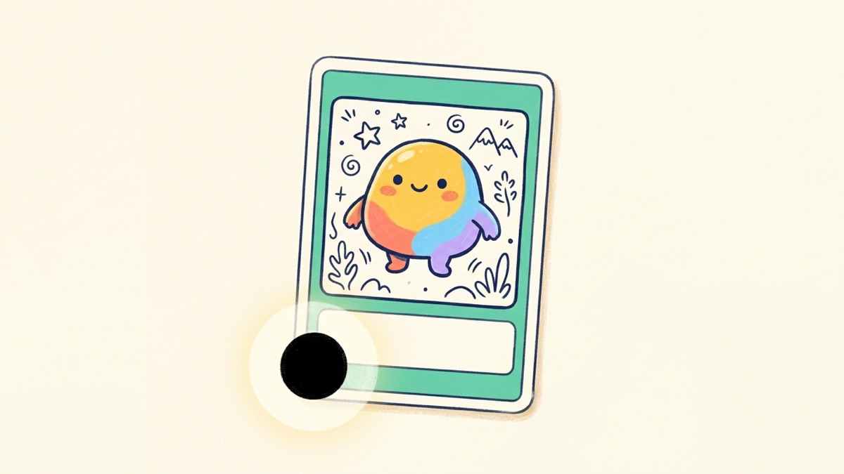 Close view of a vintage-style trading card with a friendly doodle creature in its picture box and a small plain black round stamp just below the lower left corner of the picture