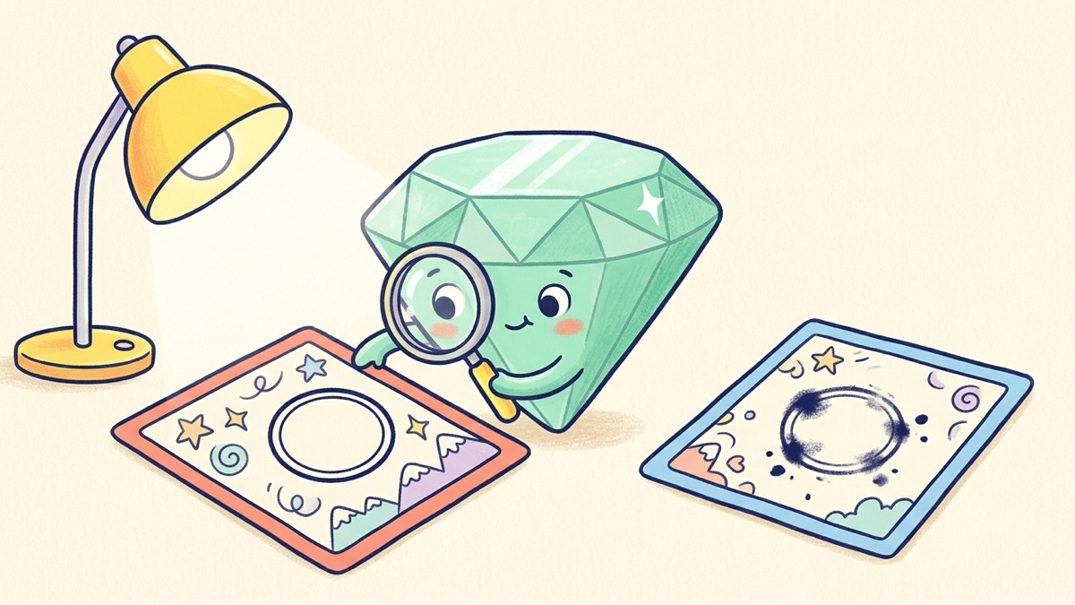 A small round mint-green gem character with big friendly eyes peers through a magnifying loupe at a plain round stamp on a doodle-art card, while a second card with a smudgy, blurry stamp sits nearby under a desk lamp