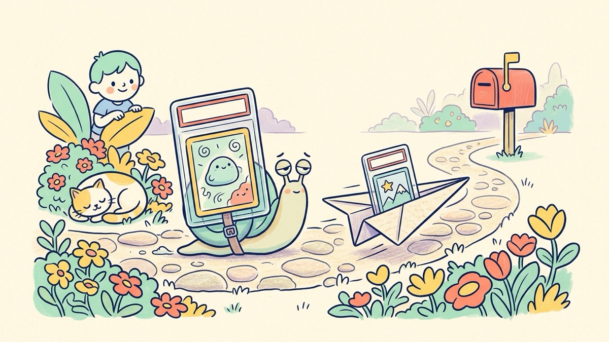 A sleepy snail and a zippy paper airplane race along a winding path toward a mailbox, each carrying a small plastic card case on its back