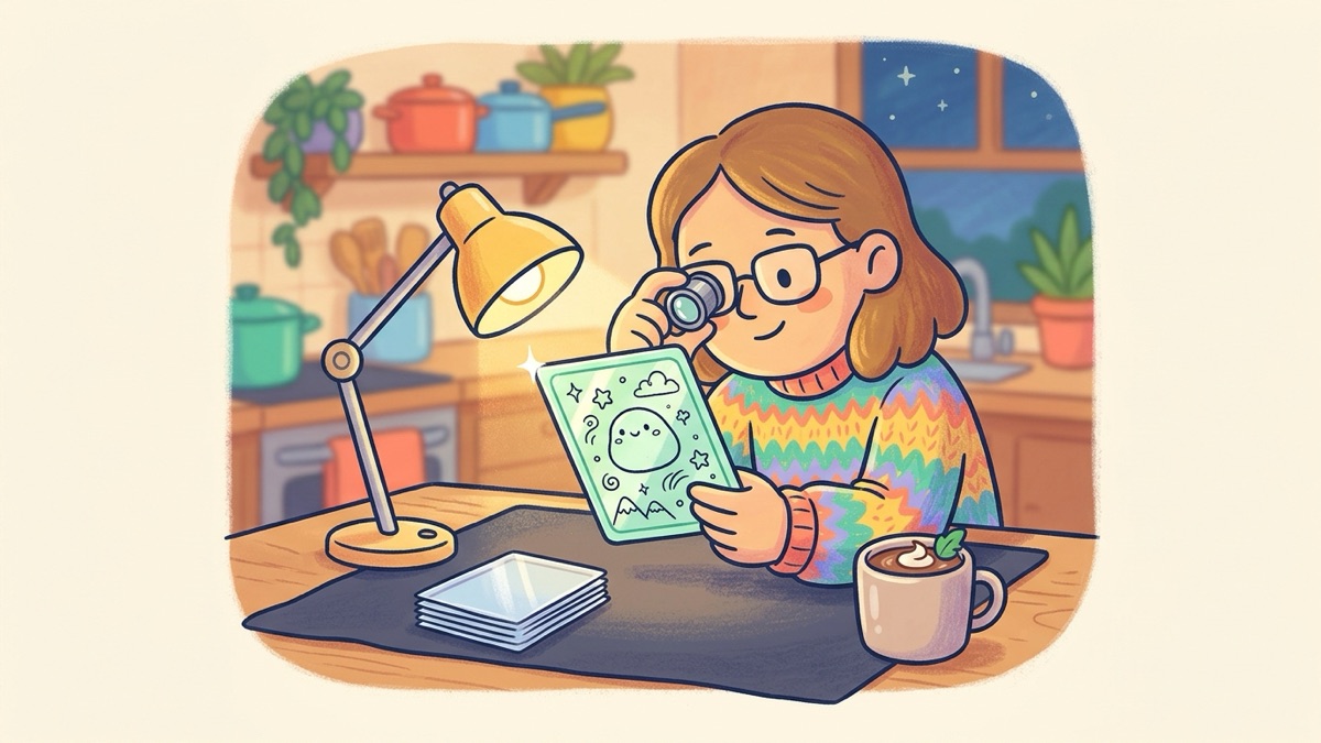 A collector at a kitchen table tilting a shiny card under a desk lamp while looking through a small loupe