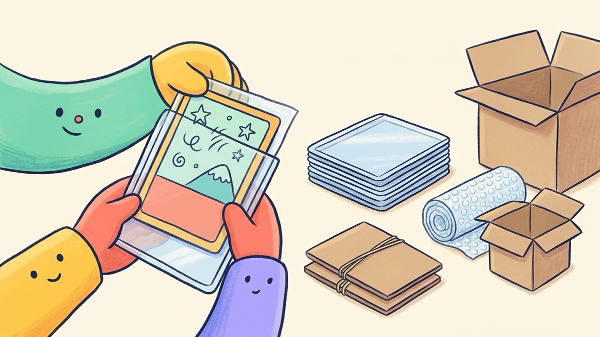 Hands sliding a card in a clear sleeve into a semi-rigid holder next to a neat stack of holders and a small shipping box