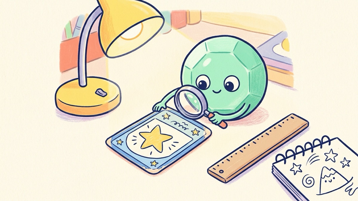 A small round mint-green gem character with big friendly eyes holds a magnifying loupe over a plain collectible card with a doodled star, checking its borders under a desk lamp