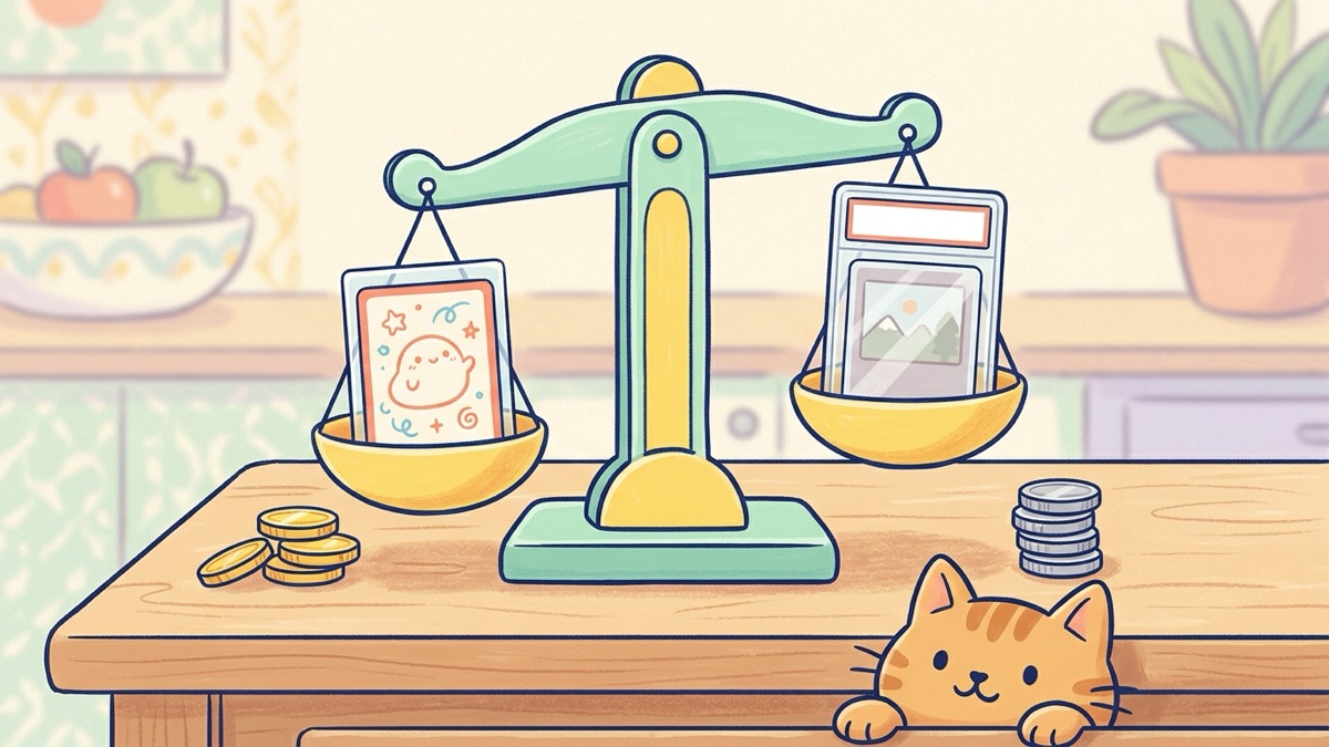 A cheerful balance scale on a kitchen table weighs a raw card in a soft sleeve against a card sealed in a clear plastic case, with small stacks of coins beside each side