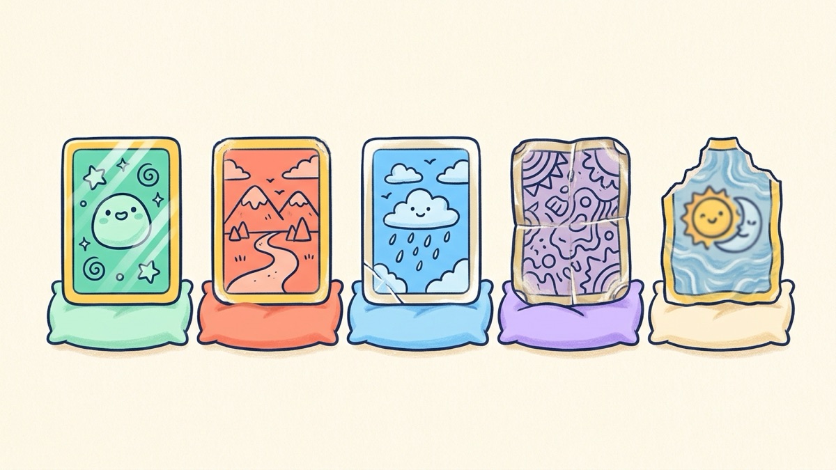 Five doodle-art trading cards in a row on a soft mat, going from crisp and shiny on the left to scuffed, whitened, creased and finally torn on the right