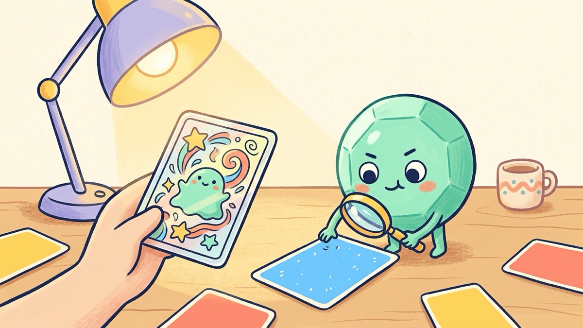 A grown-up tilts a shiny doodle-art trading card under a desk lamp at a low angle, while a small round mint-green gem character with a magnifying loupe inspects the white-speckled edge of a plain blue card back
