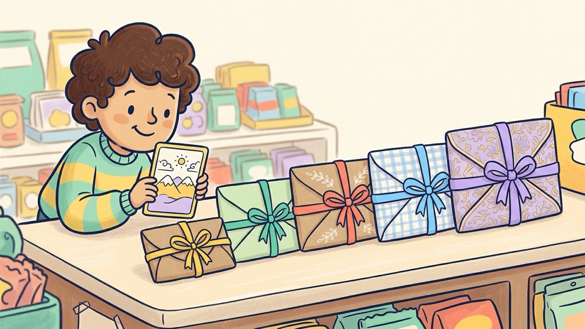 A friendly shop counter with five envelopes lined up from small to large, each a little fancier than the last, while a collector compares them with a curious smile
