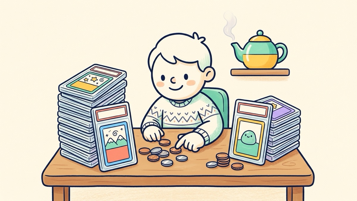 A cozy card table with two neat stacks of sealed plastic card cases, one short and one tall, and a small pile of coins beside each stack being counted by a happy collector