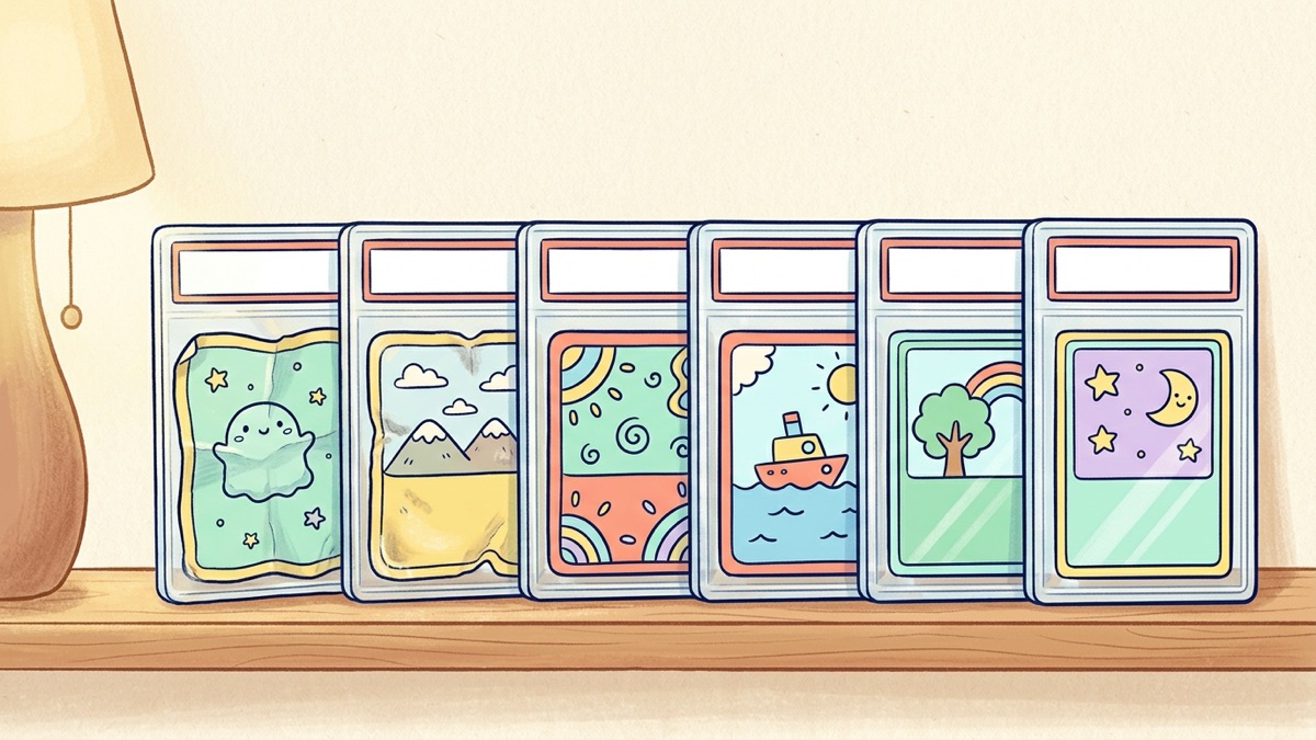 A friendly row of clear plastic card cases on a shelf, arranged from a worn card on the left to a gleaming one on the right