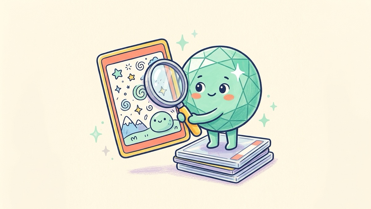A small mint-green gem character holding a loupe up to a trading card while standing on a stack of clear plastic card cases