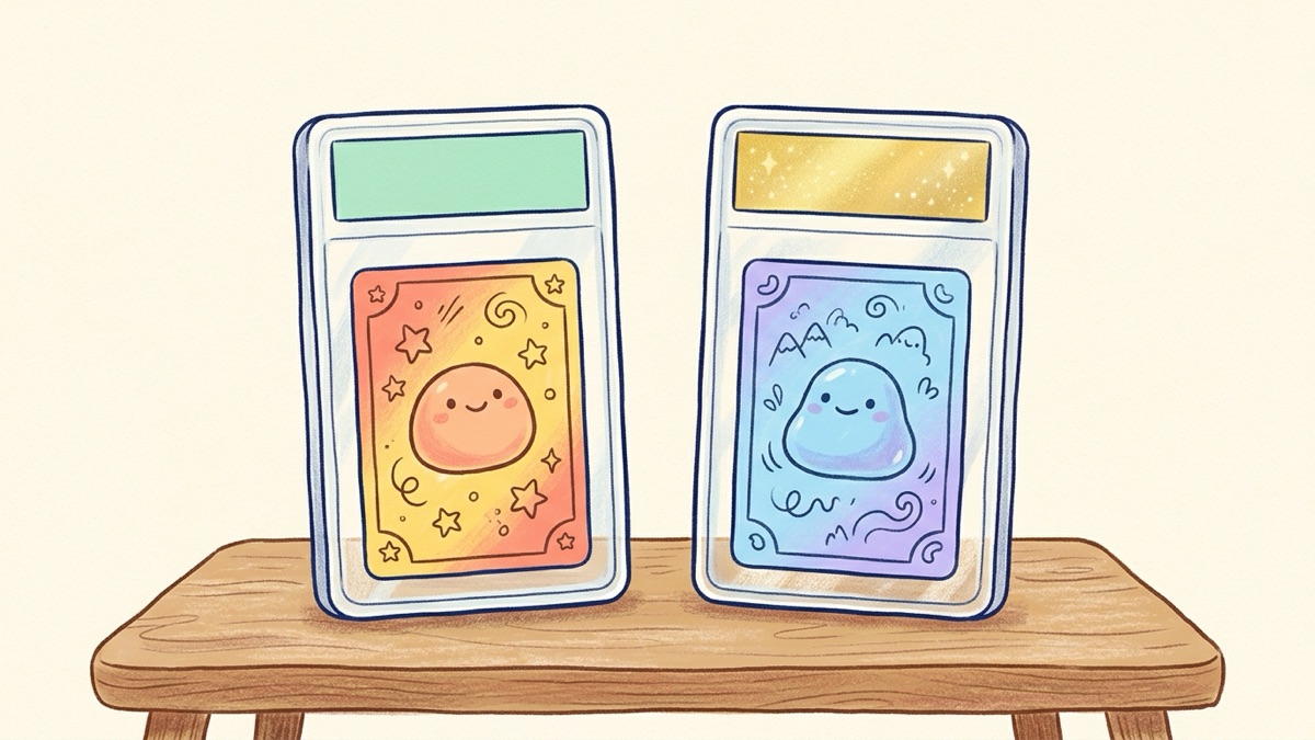Two clear graded card cases side by side on a wooden table, one with a plain label strip and one with a shiny gold label strip, each holding a card with a friendly blob creature