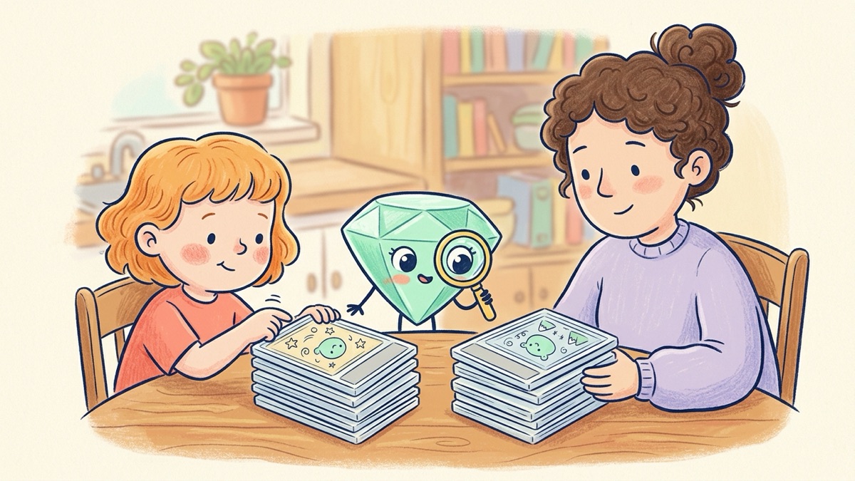 A child and a grown-up at a kitchen table sorting two small stacks of clear graded card cases, while Minty, a round mint-green gem mascot with big friendly eyes, peeks over one stack holding a magnifying loupe