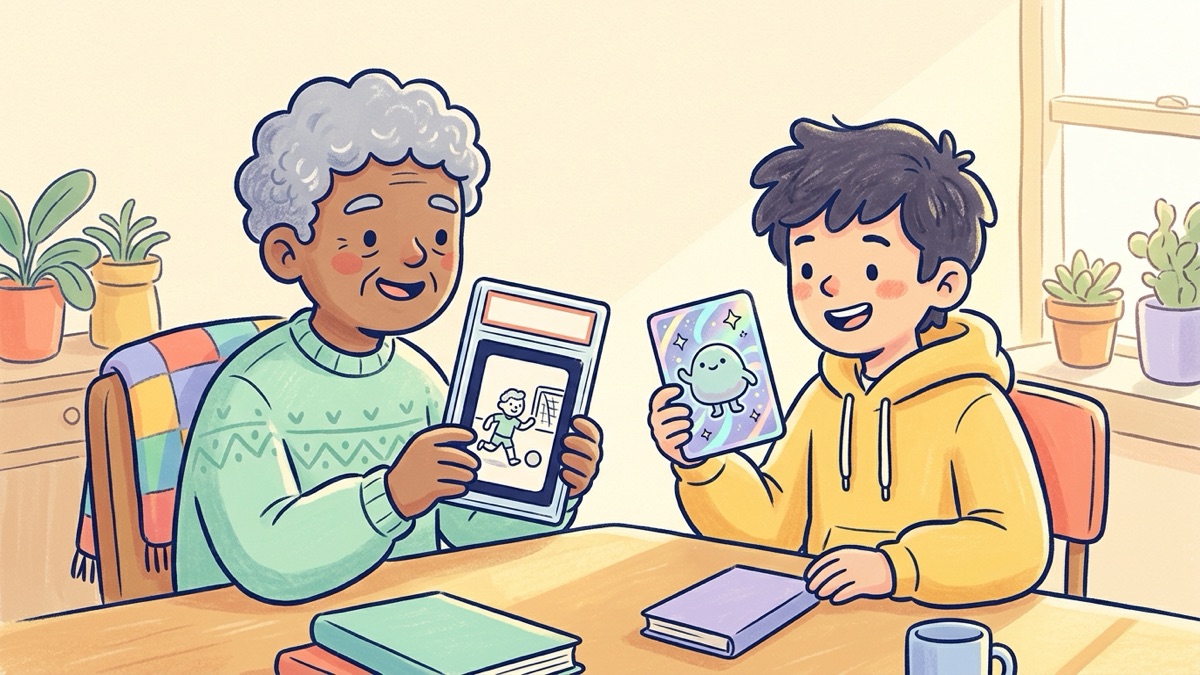 A grandparent and a teenager at a sunny table, one holding an old sports card in a clear case with a dark frame, the other holding a shiny collectible card with a swirly star design