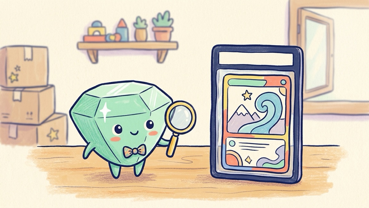 Minty, a small round mint-green gem character with big friendly eyes and a tiny bow tie, standing proudly next to a clear card case with a dark frame around a card showing mountains and a swirl