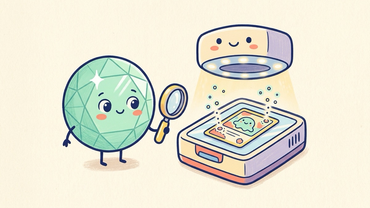 Minty, a small round mint-green gem character with big friendly eyes, holding a magnifying loupe beside a friendly box-shaped scanner with a ring of soft lights shining down on a card with a doodle of a smiling blob creature