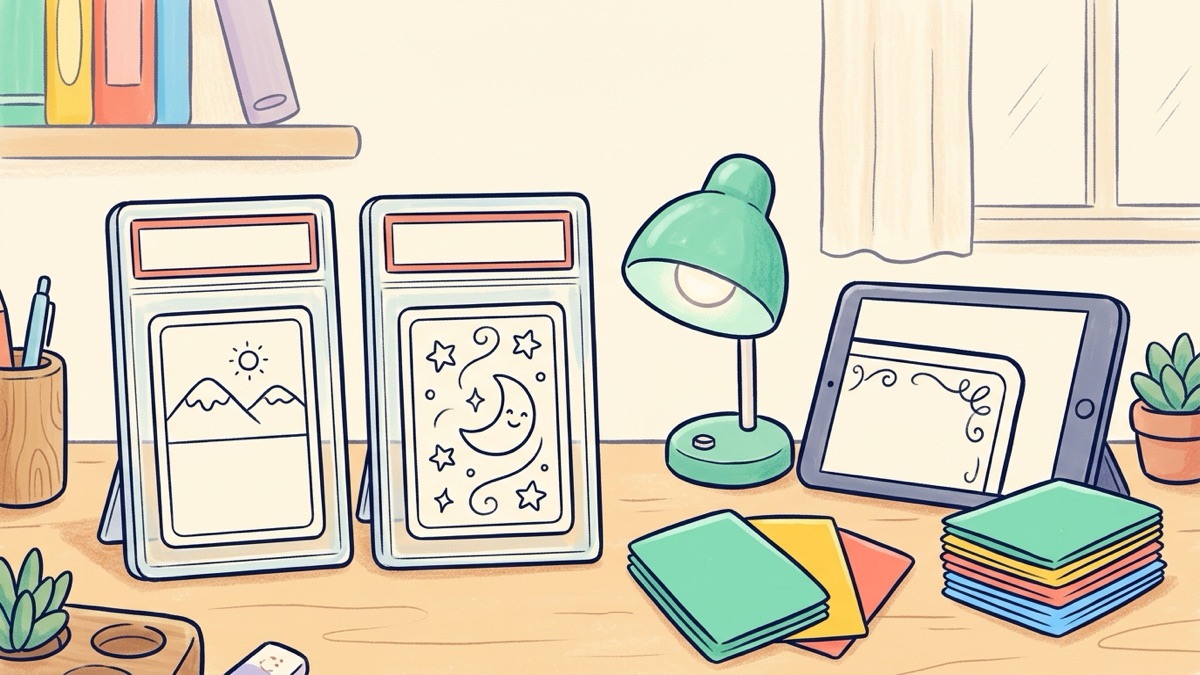 Two clear graded card cases side by side on a cozy desk, one card showing mountains and one showing a swirl of stars, with a small lamp and a stack of card sleeves nearby