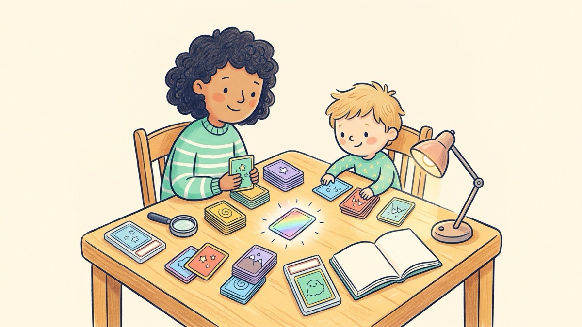 A grown-up and a kid sort a shoebox of colorful trading cards with simple doodle art on a kitchen table, with a magnifying loupe and a small notebook nearby