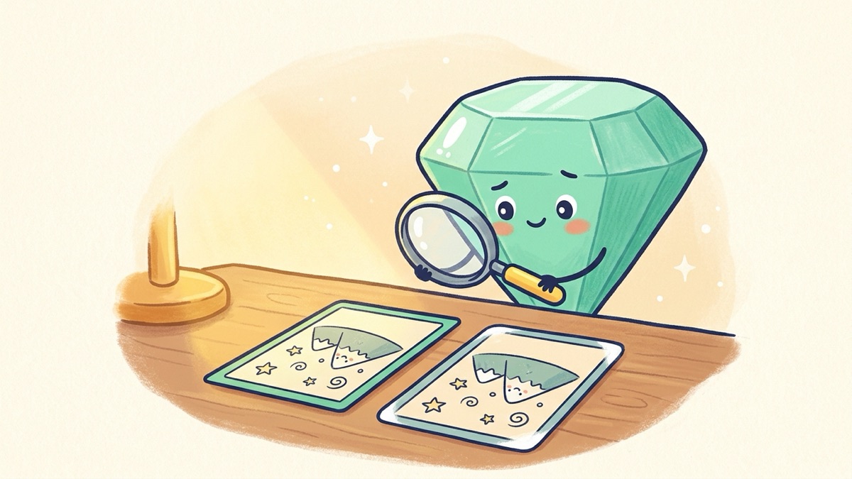 A small round mint-green gem character with big friendly eyes holds a magnifying loupe over two matching doodle-art trading cards on a desk, one crisp and one with worn white corners