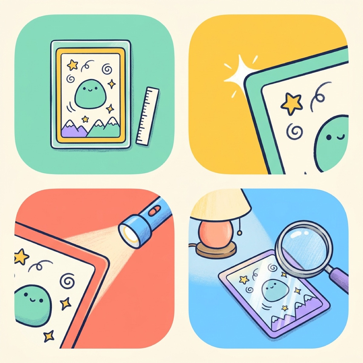 Four friendly panels showing a card's centering, a sharp corner, a clean edge and a shiny surface under a magnifying glass